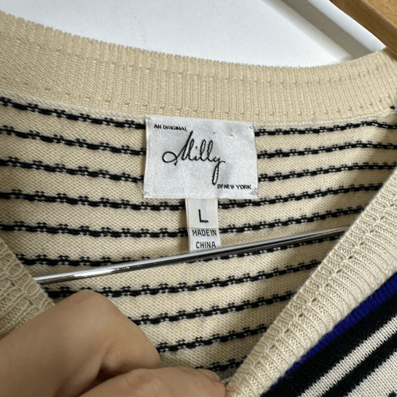 MILLY Dakota Sweater Polka Dot Stripe Ivory Pointelle Pullover Merino Wool L - Picture 4 of 5